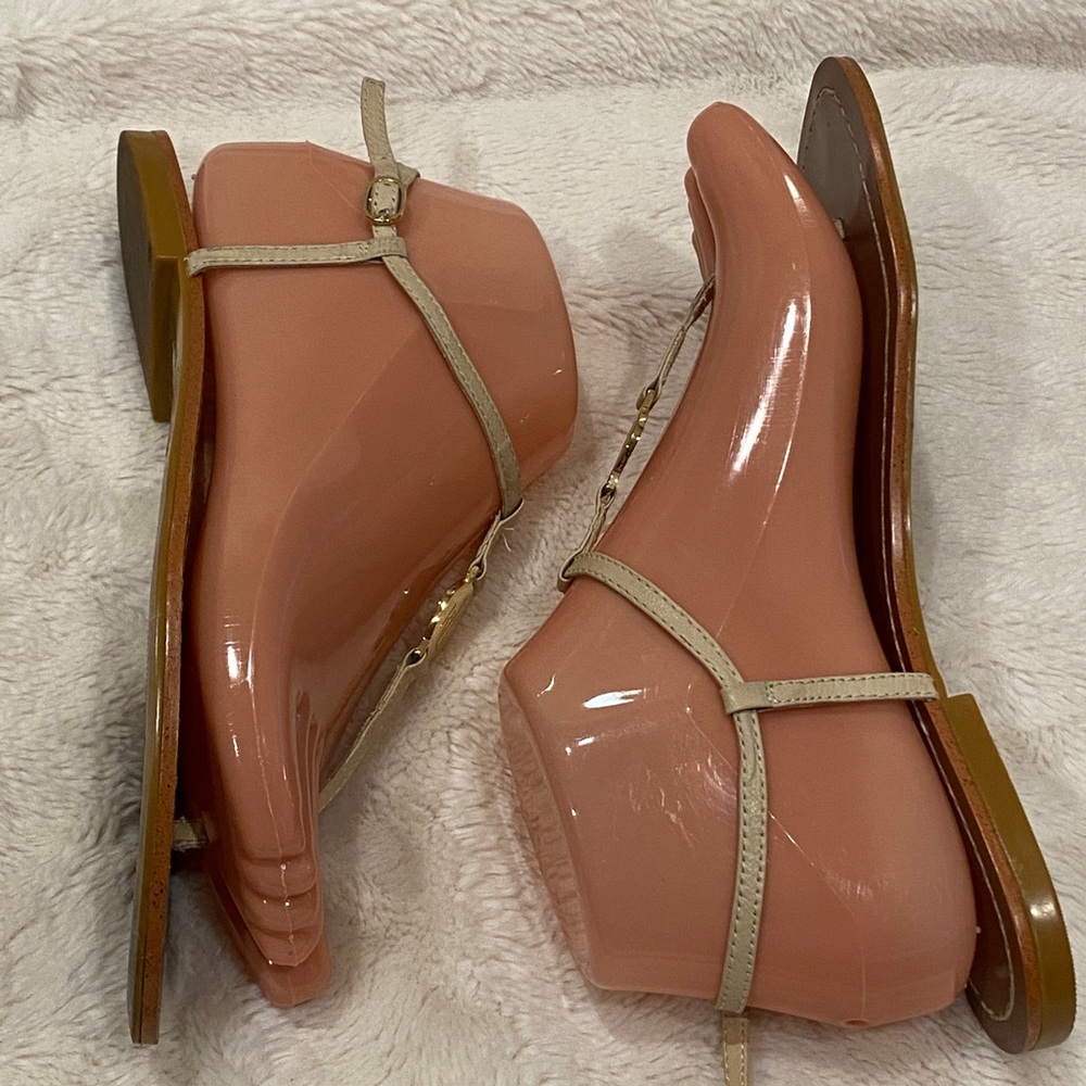 Lauren Ralph Lauren LRL Aina Leather T-Strap Khaki Flat Sandals Size 6.5 VGC - Picture 9 of 10